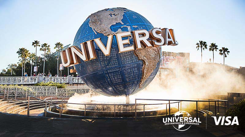 The Universal globe at Universal Studios with the Universal and Visa logos in the bottom right.