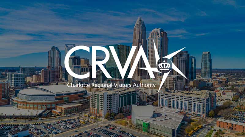 View of Charlotte, North Carolina with text “CRVA Charlotte Regional Visitors Authority” overlaid.