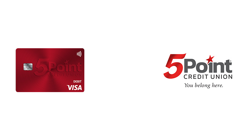 5Point Credit Union logo and debit card, with chip-enabled indicator and the Visa logo.
