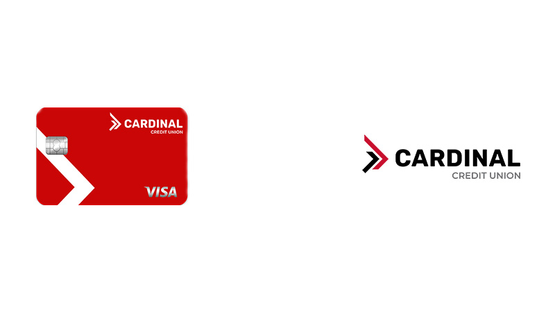 Cardinal Credit Union logo and credit card, with chip-enabled indicator and the Visa logo.
