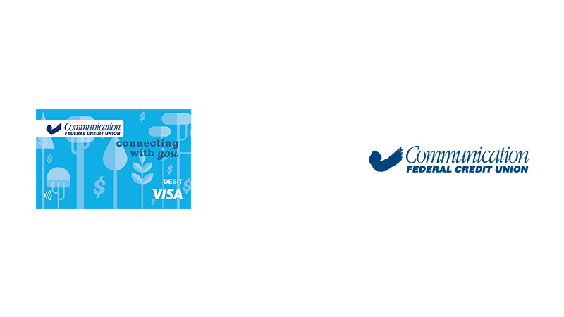 Communication Federal Credit Union logo and debit card, with tap-to-pay indicator and the Visa logo.