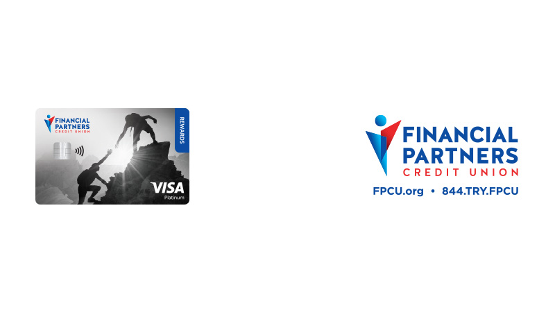 Financial Partners Credit Union logo and Platinum Rewards card, with chip-enabled indicator and the Visa logo.