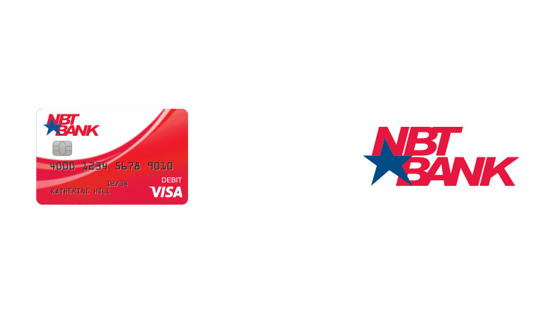 NBT Bank logo and debit card, with chip-enabled indicator and the Visa logo.