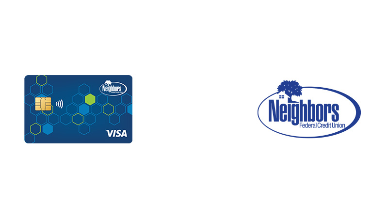 Neighbors Federal Credit Union logo and credit card, with chip-enabled indicator and the Visa logo.