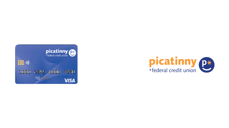 Picatinny Federal Credit Union logo and credit card, with chip-enabled indicator and the Visa logo.