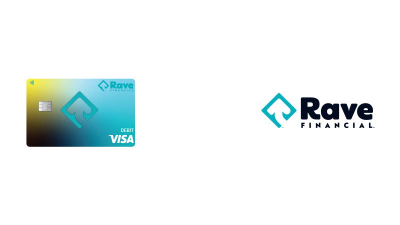 Rave Financial Credit Union logo and debit card, with chip-enabled indicator and the Visa logo.