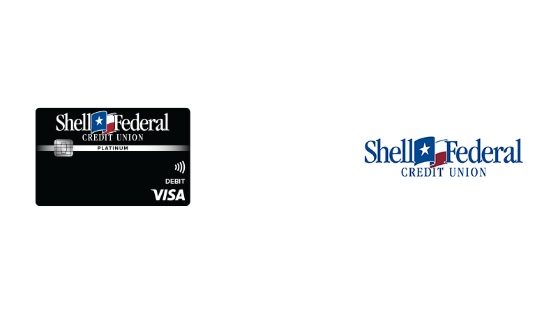 Shell Federal Credit Union logo and Platinum card, with copy that says Debit, chip-enabled indicator, and the Visa logo.