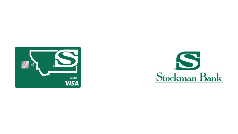 Stockman Bank logo and debit card, with chip-enabled indicator and the Visa logo.