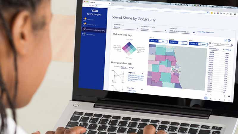 A latop displays a Visa Spend Insights page.