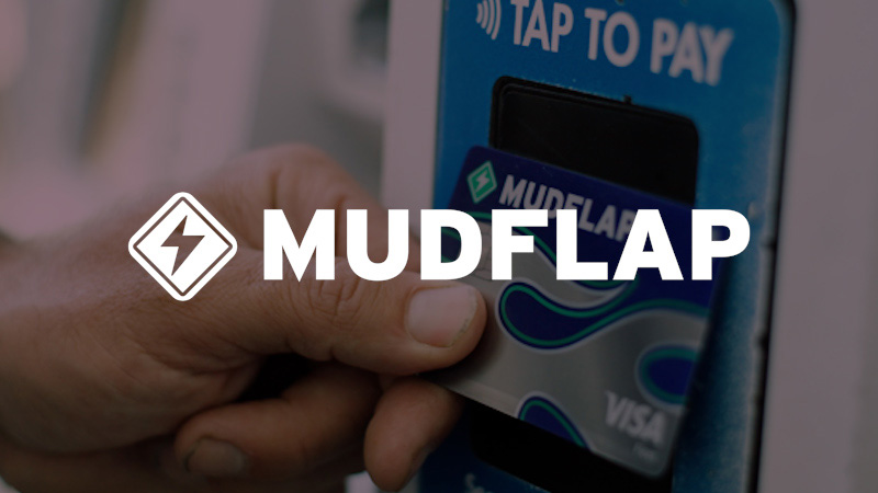 Mudflap logo superimposed on person using a Visa and Mudflap branded card to tap to pay.