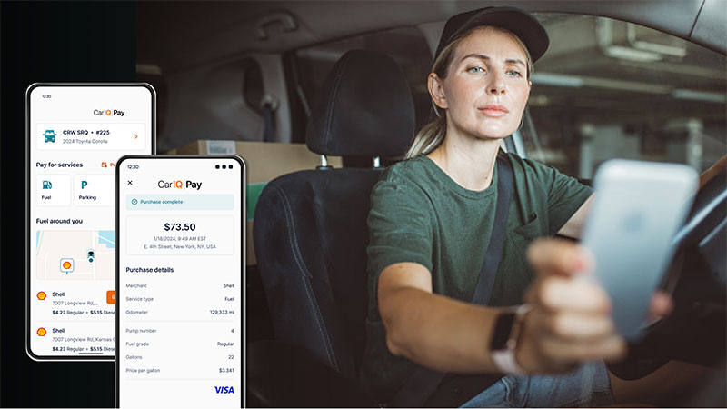 Woman driver holding phone with sample phones showing the Car IQ Pay app on the side of the image.