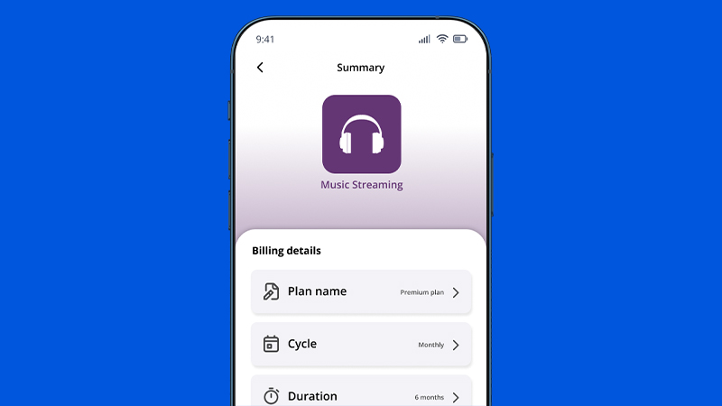 A phone screen displaying the billing details for a music streaming service.