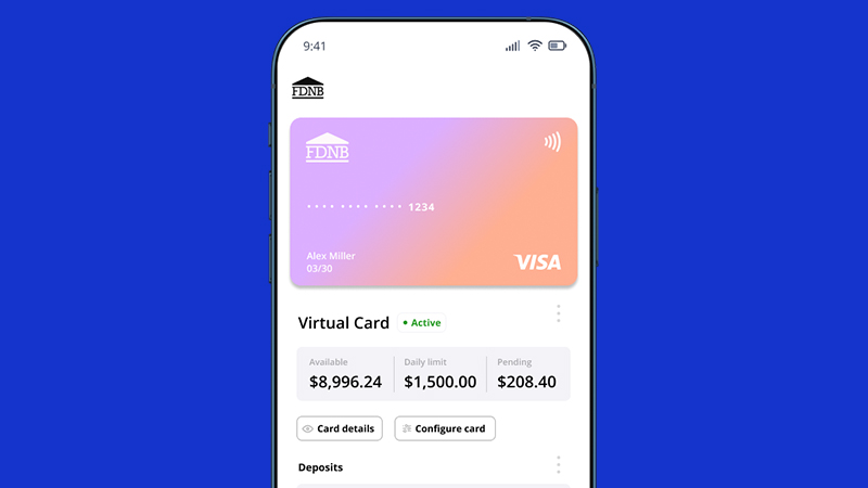 Phone screen displaying virtual card with Visa and FDNB logos.