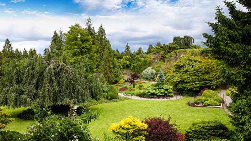 Wide angle view of Queen Elizabeth Park in Vancouver, Canada.