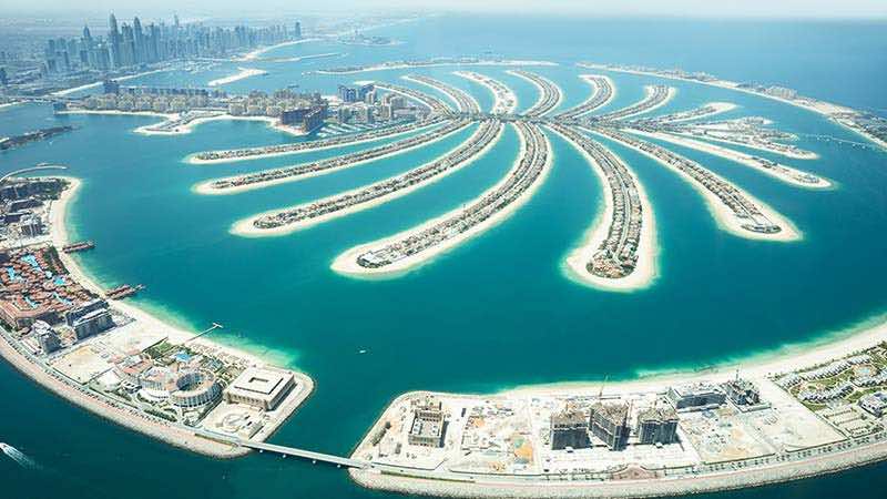 An aerial view of The Palm Jumeirah area of Dubai in the United Arab Emirates.