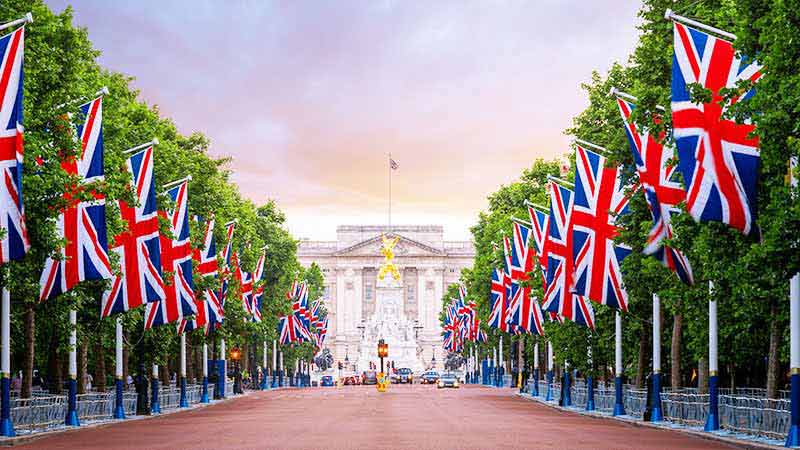 The Mall in London, England with Union Jack flags lining path to Buckingham Palace.